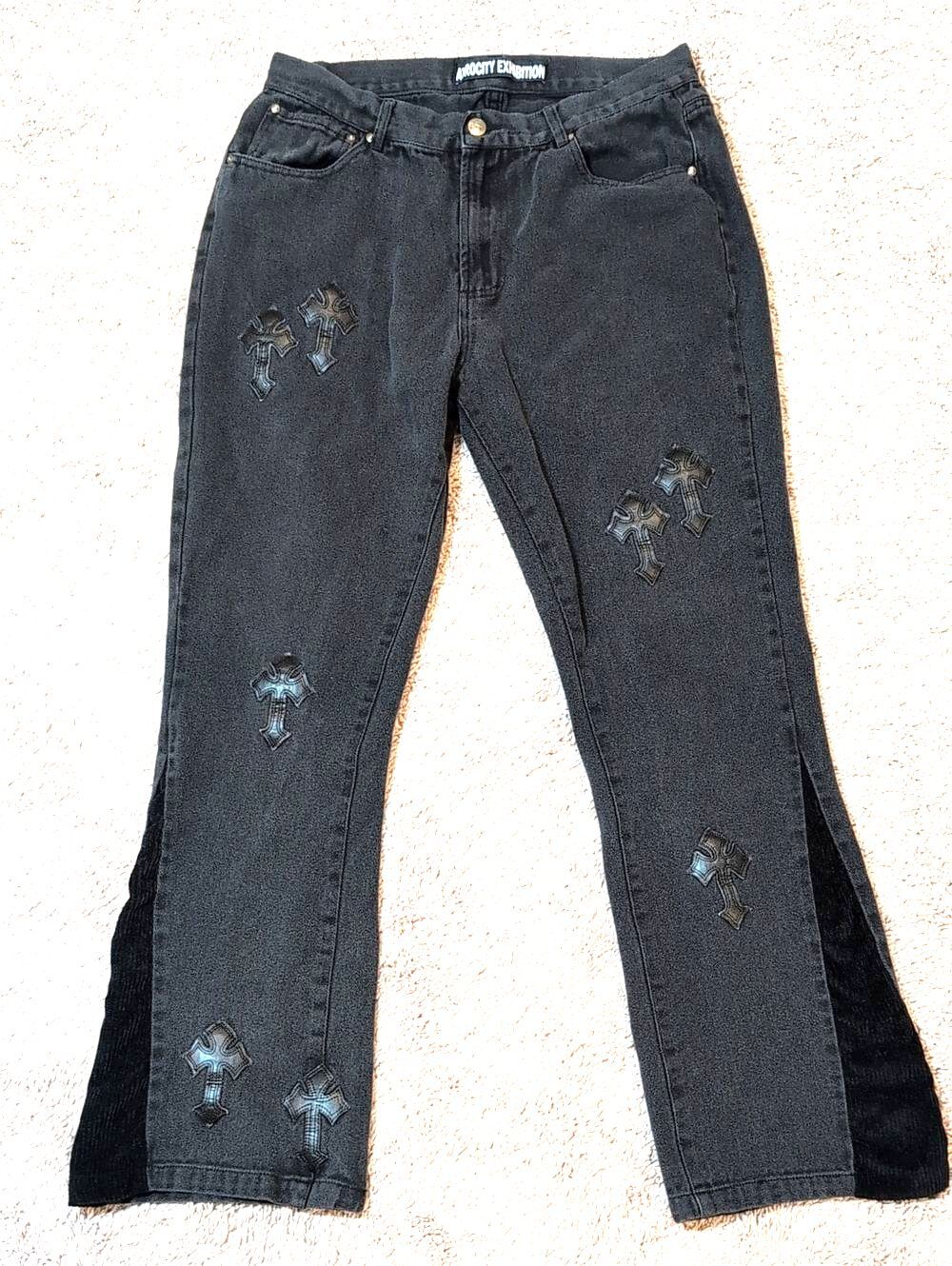 Atrocity Exhibition Black Flare Jeans with Embroidered Cross Accents